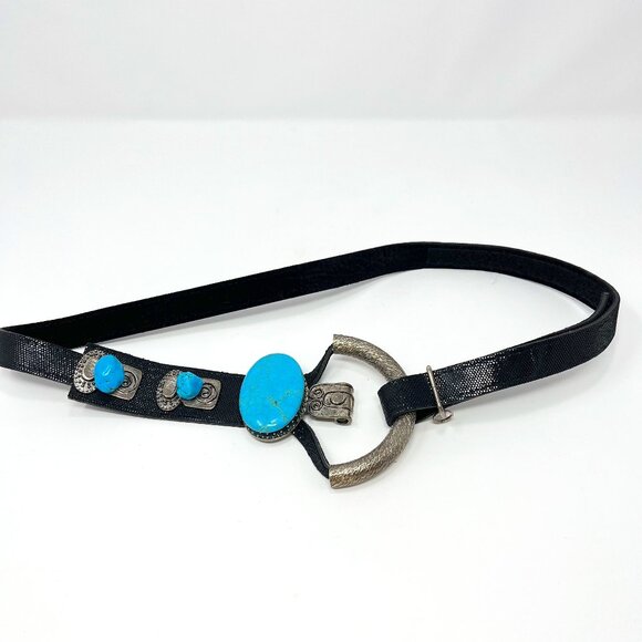 Adjustable Black, Silver & Turquoise Fashion Belt with Hook & Loop Western - Picture 1 of 9
